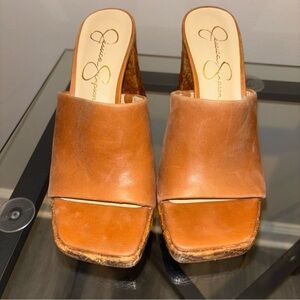 Jessica Simpson’s Brown Leather Kameena Block Heel Dress Sandals Mules 6